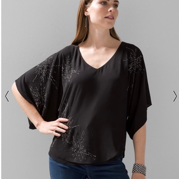 White House Black Market Kimono Sleeve Blouse, M, EUC, Black with Bling - Picture 3 of 13